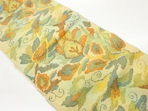 手織り真綿紬抽象花唐草模様織出し名古屋帯